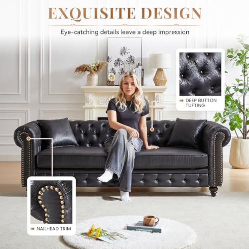 Image of Modern Chesterfield Sofa Couch, 85.5-inch Faux Leather 3-Seater Sofa with Rolled Arms and Tufted Button for Living Room, Office, Black