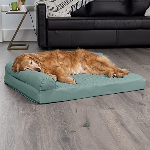 Image of Furhaven Cooling Gel Dog Bed for Large Dogs w / Removable Bolsters & Washable Cover, For Dogs Up to 95 lbs - Pinsonic Quilted Paw L Shaped Chaise - Iceberg Green, Jumbo /XL