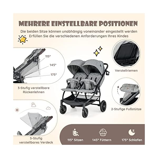 COSTWAY Geschwisterwagen klappbar, Zwillingswagen mit Verstellbarer Rückenlehne, Fußstütze & Baldachin, Reisebuggy mit Liegefunktion, Tragbarer Zwillingsbuggy für Baby bis 3 Jahre (Grau)