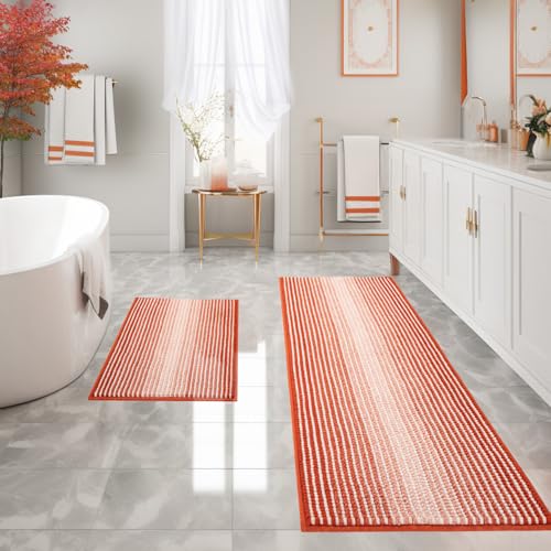 Bathroom Rugs and Mats Sets, 2 Piece Thick Absorbent Chenille Bath Mat Rug Set Non Slip, Soft Shaggy Bath Room Floor Mats for Bathroom, Machine Washable (Sunset Orange, 20" x 60" Plus 20" x 32")