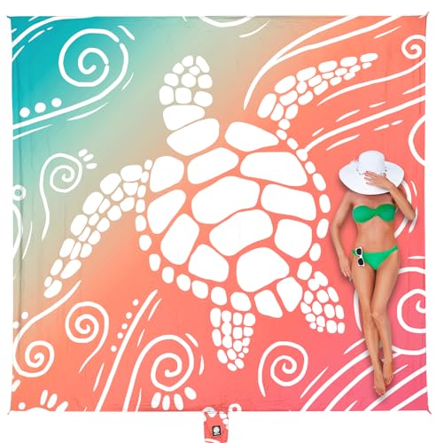 WEKAPO Beach Blanket Waterproof Sandproof Oversized Extra Large Sand Free Beach Mat with Stakes, Storage Bag - Essentials for Outdoor Beach, Picnic (Sea Turtle, 8 X 7 FT (1~4 Person))