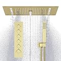 HOMEDEC Multi Functions Shower System with High-Pressure Handheld Combo Set, Luxury 14.96 X 27.56inch Rainfall Mist Shower Faucet Set Complete with 5 Ways Thermostatic Shower Valve Kit, Brushed Gold