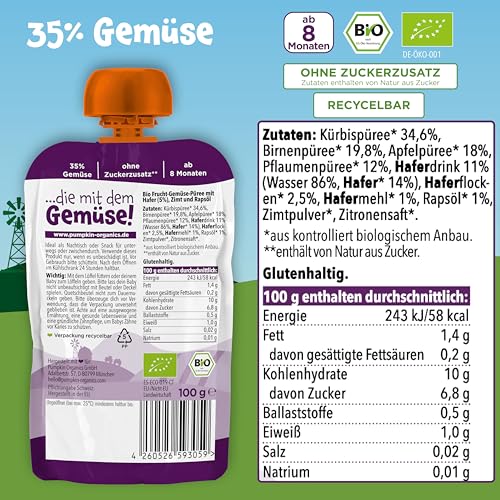 Pumpkin Organics Bio Gemüse-Getreide-Quetschies 8er Pack Kürbis, Birne, Apfel, Pflaume, Hafer ohne Zuckerzusatz¹ - ab 8 Monaten - als Snack oder Beikost für unterwegs (8x100g)