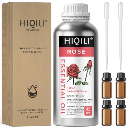 Image of HIQILI Rose Essential Oil Large Capacity for Skin Care & Body Massage | Ideal for Perfume Blending, Candle Making, Diffuser, Hair Care, Oil Soluble, Soft Romantic Scent - 1000mL / 32 fl.oz
