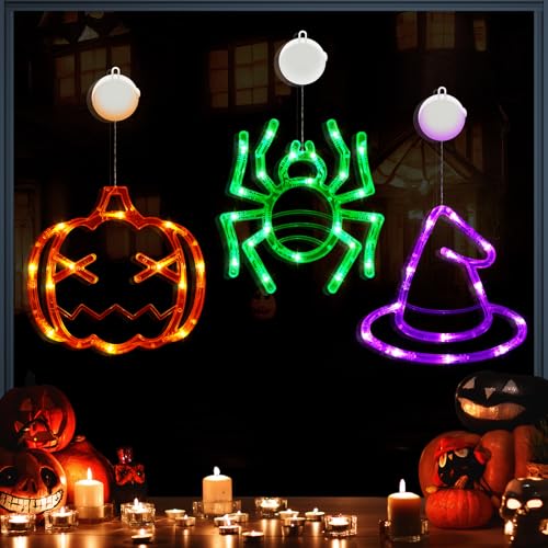 AUAUY Luces de decoración de Halloween, paquete de 3 unidades, naranja, calabaza, verde, araña, morado, sombrero de bruja con ventosa, funciona con pilas para decoración de fiestas en interiores y