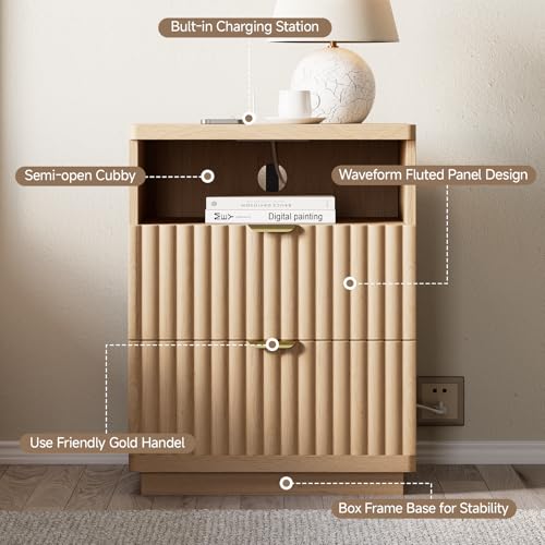 Night Stand Set 2, Nightstand with Charging Station Bedside Table, Morden Fluted Bed Side End Table with 2 Drawers, Wood Small Nightstand for Bedroom Living Room (1, Oak Natural) - Image 5