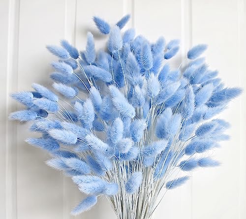 120 PCS Blue Dried Pampas Grass Decor 17-inch Pompas Floral Dry Flowers for Decoration Pampas Grass in Bulk Tall Blue Bunny Tails Dried Flowers for Boho Wedding Decor