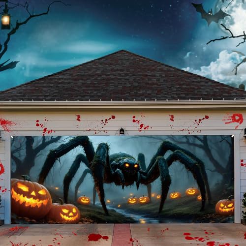 Tingjoo 7 x 16 ft Halloween Garage Door Decorations Banner Giant Spider Halloween Garage Door Backdrop Cover Spider Pumpkin Horror Backdrop Decoration for Party Background Supplies