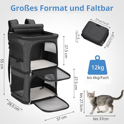 FASRIOU Katzenrucksack für 2 Katzen bis 12kg, Katzentransportbox für 2 Katzen, Große Haustier Rucksack für kleine Hunde, Katzentransporter mit Abnehmbarer Matte und atmungsaktivem Mesh, Schwarz