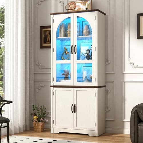 Image of chartustriable 75 inch Tall Farmhouse Kitchen Pantry Cabinet with LED Lights,Wood Storage Cabinet w Arched Glass Doors,Pantry Organizers and Storage,Rustic Wood Cupboard for Kitchen,Dining Room(White)