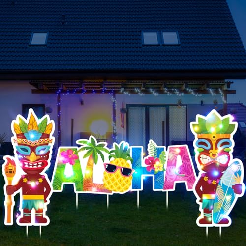 CroBlissful 7 Pcs Aloha Yard Sign LED Tropical Summer Lawn Hawaii Theme Yard Sign with Stakes Aloha Party Decorations for Summer Beach Garden Patio Luau Hawaiian Tropical Party Decor