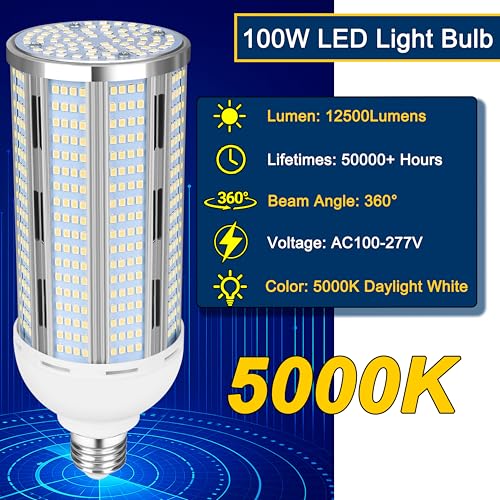 Image of 100W LED Corn Bulb, 12500LM Super Bright 5000K Daylight White, E26 /E39 Large Mogul Base, 400W Metal Halide MH HID HPS Replacement, LED Corn Lamp for Garage Warehouse Workshop Barn Factory