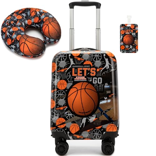 Image of Kid's Luggage Set 2 Piece Suitcase Set 16'' Hardside Luggage with Spinner Wheels Girls Boys Carry on Toddler Luggage Travel Rolling Luggage Carry on Luggage Airline Approved Basketball