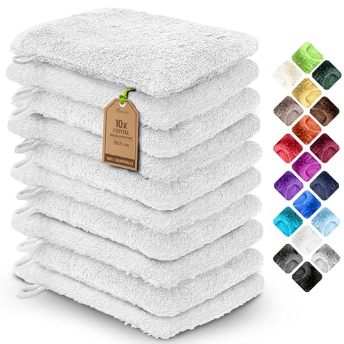 NatureMark 10x Waschhandschuhe aus Frottee 100% Baumwolle – Weich und Robust, Ideal für die tägliche Pflege und Gäste – Weiß, 15x21 cm