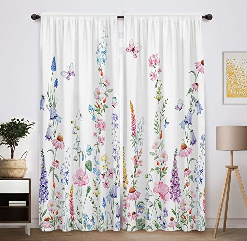 Image of Funnytree Floral Plant Watercolor Flower Window Curtain Room Bedroom Nursery Toddler Home Office Decor Decorations Durable Fabric Machine Washable 82 in x 84 in