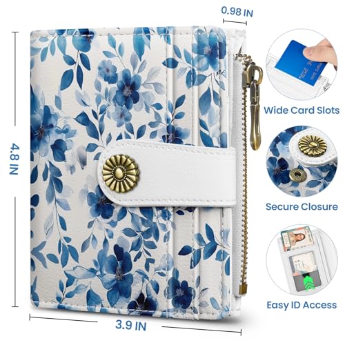 Image of Small Wallet for Women, RFID Blocking Bifold Card Holder Wallet with 10 Card Slots, Cash Compartment, Zipper Coin Pocket & ID Window, Cute Soft Vegan Leather Compact Wallet, Watercolor Petal