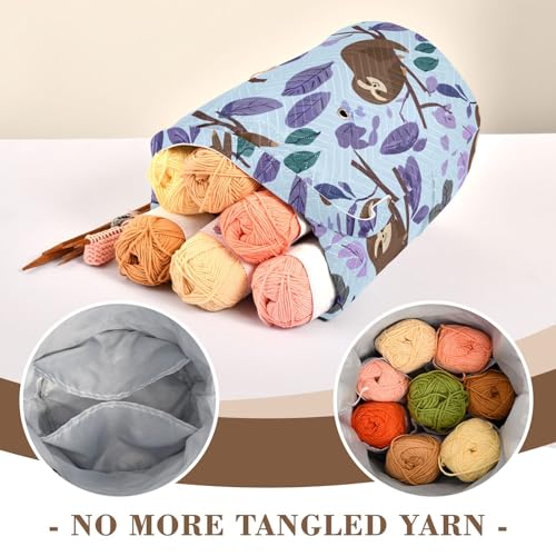 Image of Tatenale Crochet Bag Yarn Bag Knitting Project Bag with Pockets and Handle Portable Yarn Storage Organizer Tangle Free 8.3x11 InchCartoon Sloths Branch Purple35