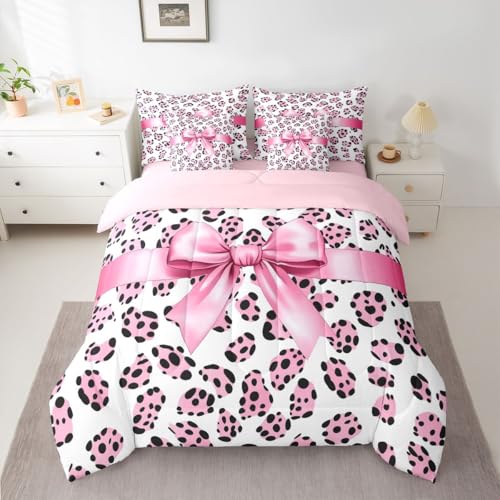Image of Castle Fairy Pink Bow Knot Bedding Sets with Sheets,Comforter,Pillowcases,Pillow Covers 7 Pcs King Size Bowknot Ribbon Girly Romantic Comforter Set Pink Black Leopard Print Decor Bedroom Dorm Bed Set