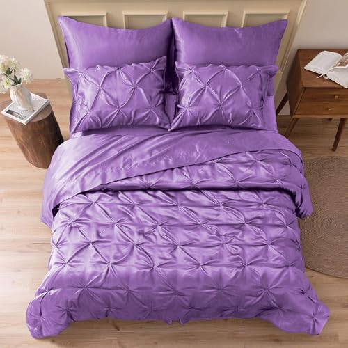 MR&HM Satin Comforter Twin XL 5 Pieces - Luxurious Pinch Pleat Bedding Set with Comforter, Flat Sheet, Fitted Sheet, Pillowcase & Sham, Super Silky Soft Bed Set for All Season (Twin XL, Lavender)