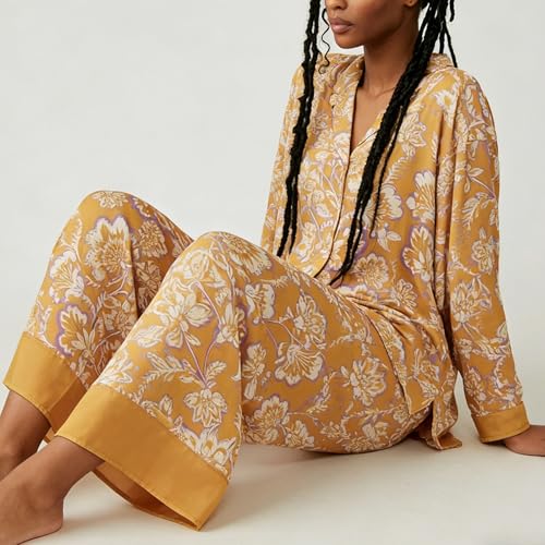 Image of Women Satin Pajama Set Floral Silk Pajamas 2 Piece Lounge Sets Button Down Shirts Wide Leg Pants Pjs Sleepwear