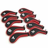 TOHMLAPE Juego de 10 fundas para cabezas de palos de golf de cuello largo con cremallera para hierros, Negro y rojo.