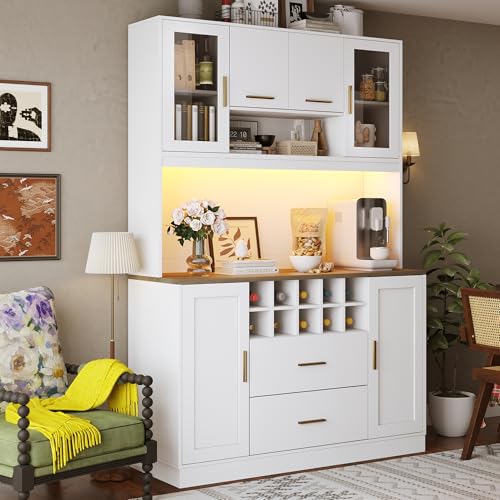 Fppuueg Alacena de Cocina Armario Alto Cocina con Tiras LED y Enchufe Puerto USB, Vitrina Mueble Auxiliar de Comedor, Alacena Salon Grande con Botellero, Buffet Comoda, 120x36.3x180 cm, Blanco