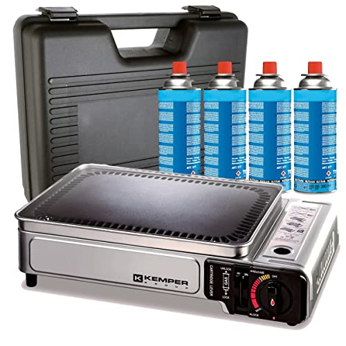 KEMPER - Plancha gaz portable 2300W plaque anti adhésive + 4 cartouches gaz camping + Valise de transport