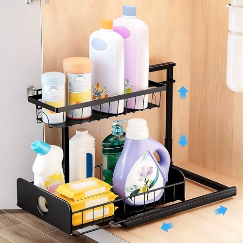 Imagen de CxutSa Organizador Bajo Fregadero Negro 2 Niveles Estantería Bajo Fregadero Altura Ajustable Para Cocina