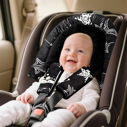 Image of GFU Baby Car Seat Head Support for Newborn, 2 in 1 Infant Car Seat Head Body Support with Strap Pads, Soft Stroller Cushion Pillow Insert for Girls, Fits for Stroller, Swing, Black Star