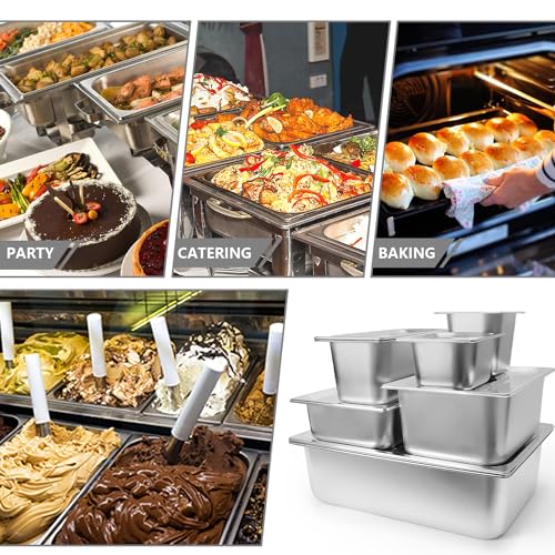 Image of 6 Set Stainless Steel Hotel Pans 1 /2 Size 6 Inch Deep With Lids, Anti-Jam Chafing Steam Table Pans, Catering Food Storage Metal Pan