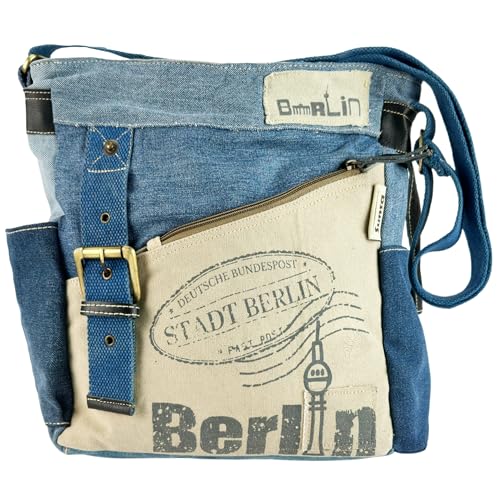 Sunsa Schoudertas. Duurzame Crossbody Bag van gerecyclede jeans canvas en leer. Vintage tas. Denim schoudertas. Grote jeanstas met meerdere compartimenten, blauw/beige