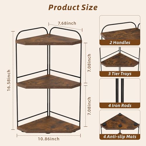 Image of Corner Bathroom Counter Organizer, 3-Tier Wood Countertop Organizer for Perfume, Makeup Storage, Skincare Organizers for Vanity, Counter Corner Shelf for Kitchen, Bathroom, Dresser (Rustic Brown)