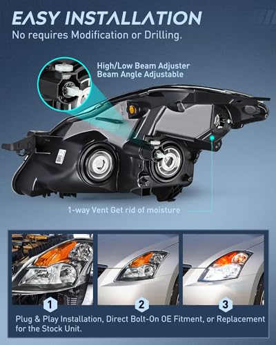 Image of Nilight Headlight Assembly Compatible with 2007 2008 2009 Nissan Altima 4Dr Sedan Headlamps Replacement Black Housing Amber Reflector Clear Lens Driver and Passenger Side