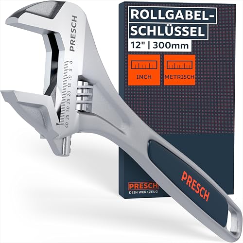 PRESCH Rollgabelschlüssel 300mm - Lasergravierte Skala 40mm (metrisch & inch) - Hochpräzise gefräst für besten Halt - Robuster, verstellbarer Schraubenschlüssel - Hochwertiges Engländer Werkzeug