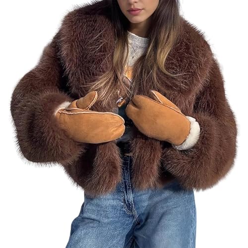 Generisch Kunstfell Jacke Damen Kurze - Pelzmantel Damen Flauschige Felljacke Langärmelig Warm Pelzjacke Flauschig Elegante Kunstfelljacke Kurzmantel Langarm Damen-Kurzmantel Revers Kunstfellmantel