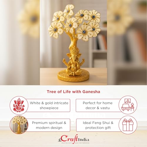 Image of eCraftIndia Tree of Life with Lord Ganesha Idol Showpiece (White, Golden) | Evil Eye Feng Shui Items for Good Luck Positive Energy Vastu Shelf Living Room Home Decoration.