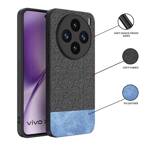 Image of Kapa Soft Fabric & Leather Hybrid Protective Back Cover for Vivo X200T 5G | Shockproof Slim Hard Anti Slip Back Case (Black,Blue)