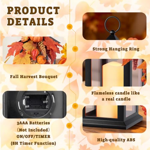Image of Fall Lanterns Decorative Indoor, 14 inch Autumn Decor Black Outdoor Lantern | Battery Operated, Waterproof Harvest Lantern with Timer Candle, Thanksgiving Decorations for Porch, Patio, Entryway, Mantel