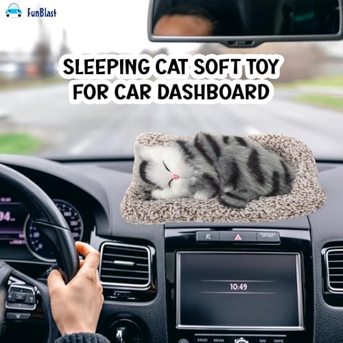 Image of FunBlast Cute Sleeping Cat Plush Toy with Meow Sound, Gift for Kids, Toy Accessories for Car Dashboard (Stripped Black)