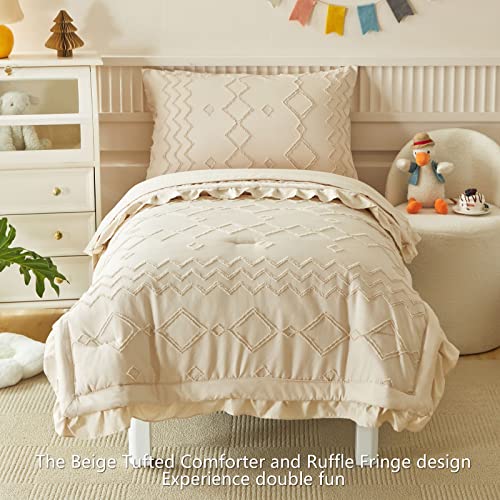 Aikasy Toddler Bedding Set 4 Pieces Super Soft Comforter Set, Shabby Boho Bohemian Design For Boys And Girls（Ruffle Fringe Comforter, Flat Sheet, Fitted Sheet And Pillowcase）- Khaki #TOP1