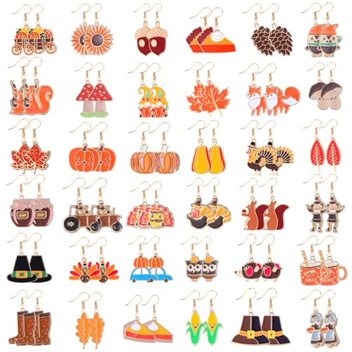 Sasylvia 36 Pairs Fall Thanksgiving Dangle Earrings Bulk for Women Holiday Earrings Set Pumpkin Sunflower Maple Leaf Pattern Jewelry Earring Variety Pack for Decor Gift