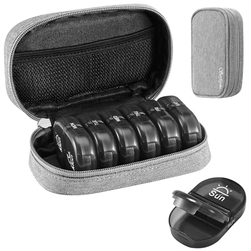 Image of Serfeymi Weekly Travel Pill Organizer 2 Times A Day AM PM Upgraded Black Pill Box 7 Day with Portable Zipper Canvas Pill Case, Medicine Organizer for Pills, Vitamins, Supplements, Fish Oils - Grey 01