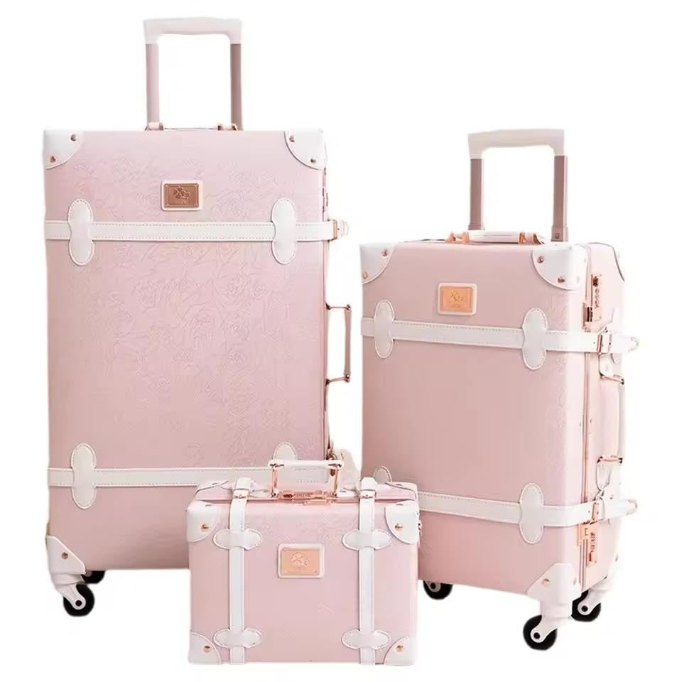 Vintage Style Luggage Set, 3-Piece, Pink and White, Hardside Spinner Suitcases with Deep Compartments, 12-24 inch