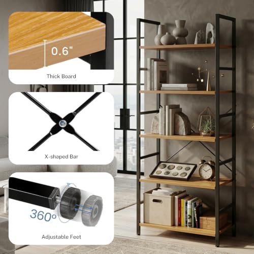 Image of HealSmart 5 Tier Bookshelf, Free Standing Book Shelf Home Office Bookcase Shelf Storage Organizer for Bedroom, Bathroom, Living Room, Office, Balcony, Wood
