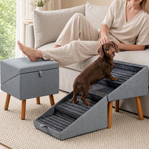 Image of Luciphia 2-in-1 Wooden Pet Stairs & Ottoman 17 inch H Foldable Dog Ramp with Solid Wood Frame & Tech Cloth Surface Pet Footstool Steps with Non-Slip Surface for Puppy Senior Injured Dogs Couch Bed