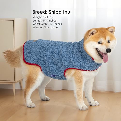 Image of cyeollo Sherpa Dog Coat Reversible Dog Jackets for Small Dogs, Blue, S | Warm Fleece Winter Sweater, Turtleneck Pet Vest, Adjustable Fit, Easy On & Off, Leash Hole for Cold Weather Outdoor Walks