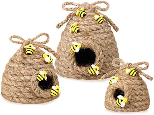 3 Pieces Bee Hive Decor Honey Bee Tiered Tray Decor Summer Spring Bumble Bee Decorations Mini Jute Beehive Farmhouse Kitchen Decor for Table Shelf Sitter Home Coffee Bar Themed Party