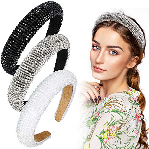 3 Pieces Padded Rhinestone Headband Crystal Beaded Headband Wide Glitter Crystal Beaded Hairband Padded Wedding Headpiece Wide Edge Headwear for Women Girls (Black, White, Grey)