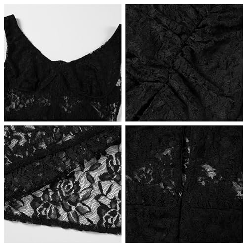 Image of OCUH Black Lace Dress Sheer Maxi Dresses Sexy Outfit for Women Going Out High Slit Skirt Bodycon Vacation Party Wear