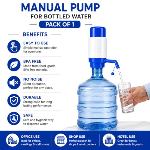 Image of Manual Water Dispenser Pump for 20L Bottle|Hand Press Drinking Water Pump| (Use for School, Office,Home,Shop,Hotel,Market, Outdoors) Easy Fit Vacuum Action Water Dispenser (Blue and White)